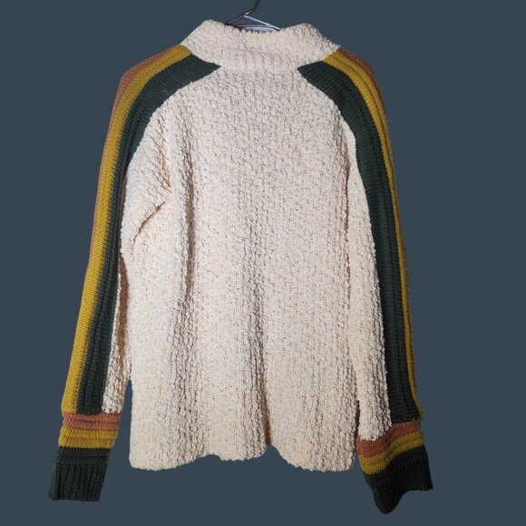 Vintage Inspired Retro Cream Half Zip Sweater Popcorn Multicolor Striped Sleeves - Picture 3 of 4